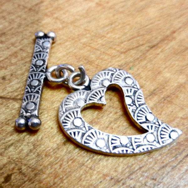 Hand Made 16 Gauge Sterling Silver Heart Toggle Clasp With Stamped Designs Sold Per Piece