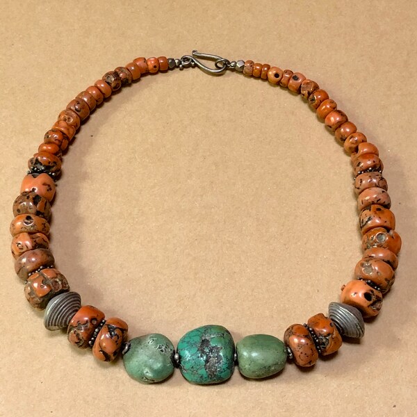 Bohemian Tibetan Vintage Handmade Turquoise Coral Stone Bead Necklace #9