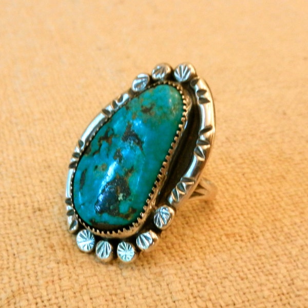 OOAK Large Vintage Sterling Silver And Bright Blue Turquoise Ring Size 8 1/2 Hand Signed I U Z