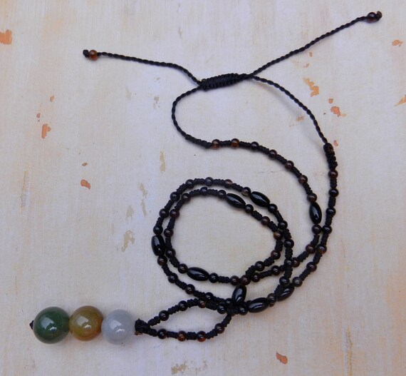 Vintage Macrame Necklace: Agate & Jade Beads, Adj… - image 3