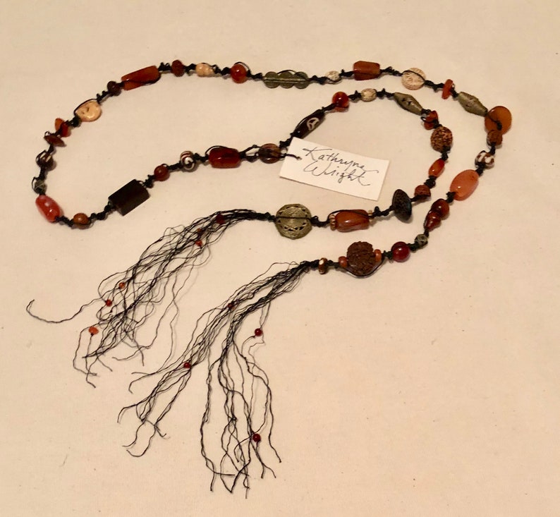 OOAK Hand Knotted Waxed Black Linen Lariat Necklace With Semi Etsy