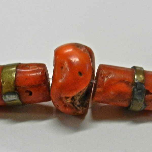 Three Antique, Natural, Precious, Red/ Orange, Mediterranean Coral Beads Via Yemen Two With Brass Bands With A Total Weight Of 108 Carats!