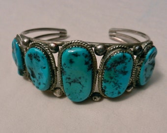 SALE Vintage Handmade Southwestern Brilliant Kingman Blue Turquoise And Sterling Silver Five Stone Unisex Cuff Bracelet