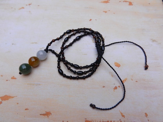 Vintage Macrame Necklace: Agate & Jade Beads, Adj… - image 1
