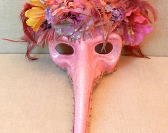 OOAK "Faded Beauty" Masquerade Mask In Pink With Multicolor Silk Flowers, Feathers, Wire, Flower Trim, Glitter And Vintage Hair Ornaments