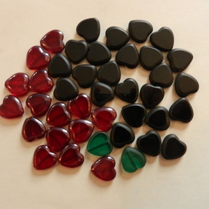 Czech Glass Heart Beads: Black, Red, Green Mix - 15X15X4mm, 40 Piece Set