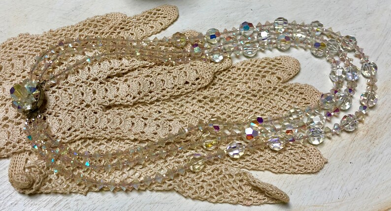 Wedding Kathryne L Wright Prom Graduated Clear AB 3 Strand Faceted Crystal Bead Necklace With Beaded Clasp By Me Vintage Up Cycled