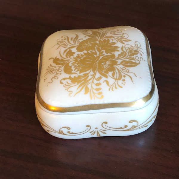 Vintage, Collectible, Signed Limoges, France, Square Porcelain Jewelry/Trinket Box With Lid And Hand Painted Gold Floral Design