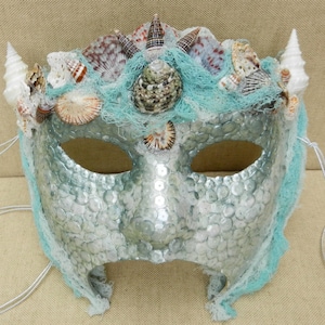 OOAK "Neptune's Daughters" Mermaid "Androgeny" Masquerade Mask With Paper Mache, Sequins, Shells, Seaweed And Glass By Kathryne L. Wright