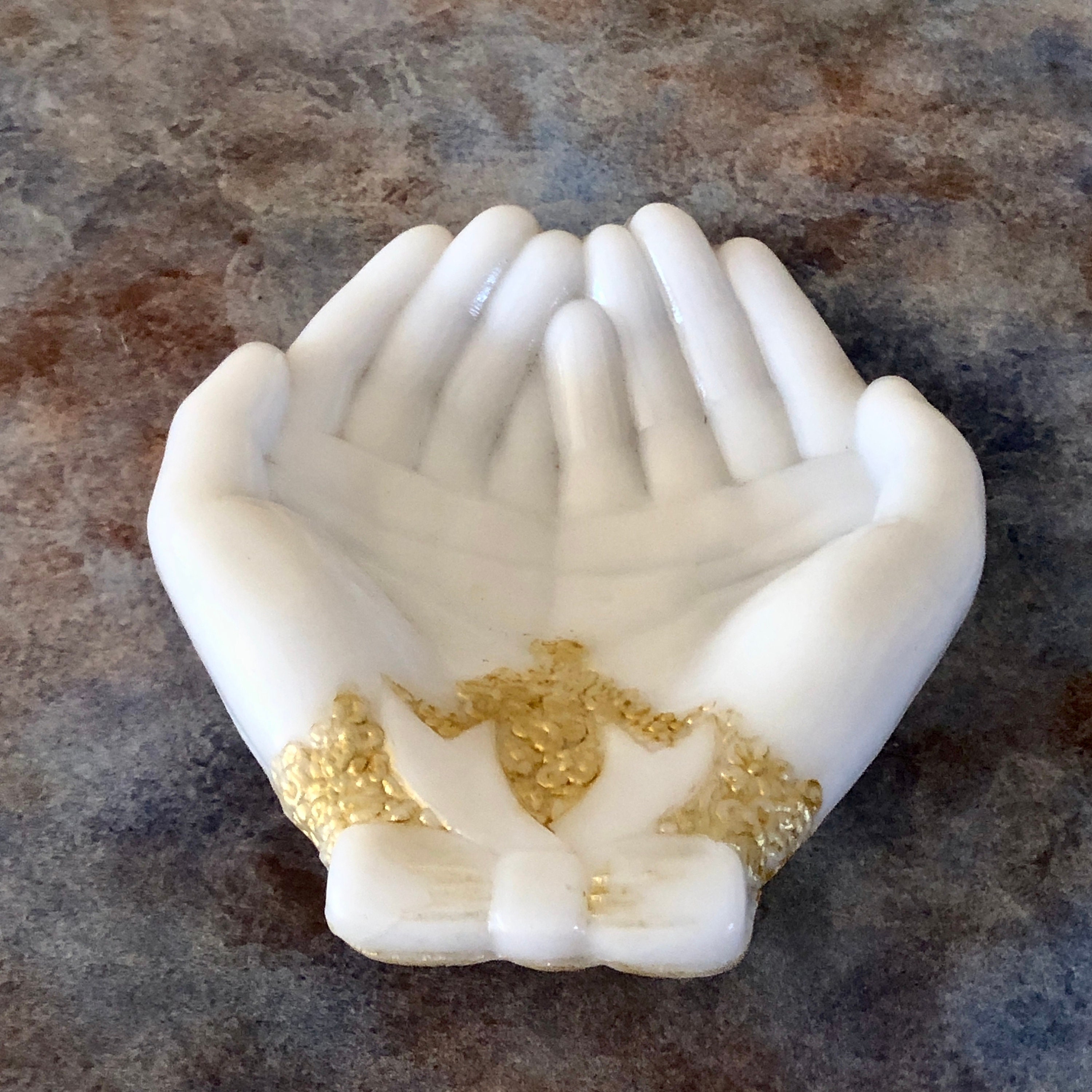 Vintage Avon Milk Glass Cupped Hands Dish: Gold Accents, Trinket