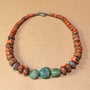 Antique Coral Tibetan Turquoise Necklace: Sterling Silver Beads
