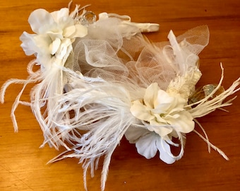 OOAK White Bridal, Faerie, Cosplay Headdress With Feathers, Flowers, Tuille & Ribbon