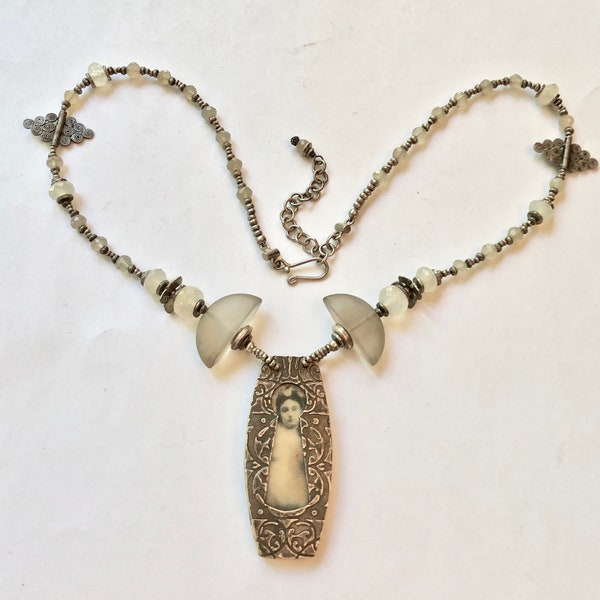 OOAK Sinner And The Saint Necklace Of Sterling Silver, 96% Silver, Rock Crystal(Quartz) With Facetted  Milky Agate And PMC