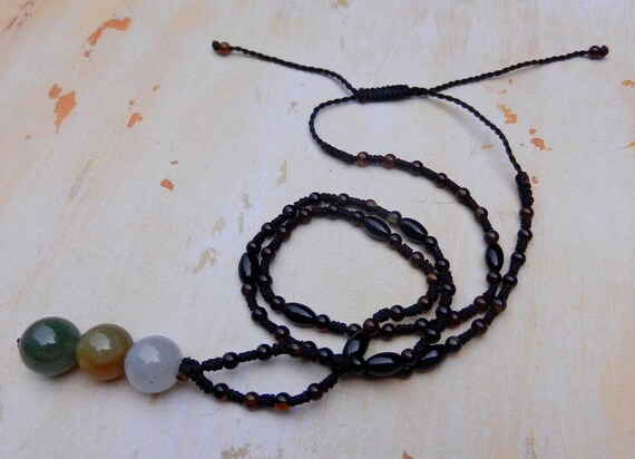 Vintage Macrame Necklace: Agate & Jade Beads, Adj… - image 5