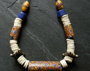 Antique Millefiori Bead Necklace, Vintage Ostrich Shell, African Trade Beads