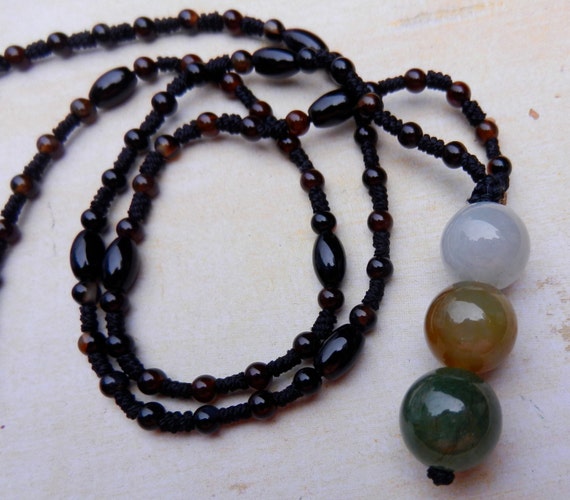 Vintage Macrame Necklace: Agate & Jade Beads, Adj… - image 2