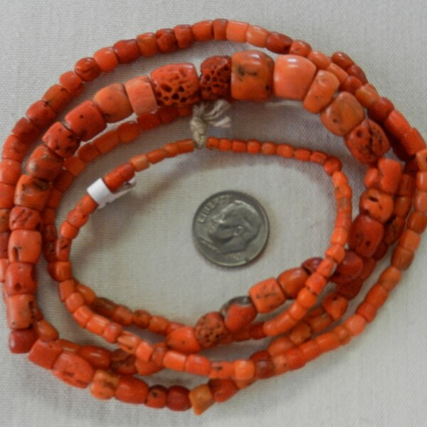 Antique, Continuous, Thirty- Six Inch Long, Red, Salmon, Brick, 0range, Graduated, Mediterranean, Coral Bead Strand Last Purchased In Tibet