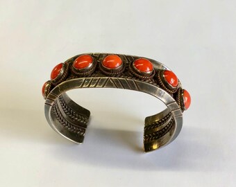 Heavy Vintage Navajo Domed Coral Sterling Silver Native American Bracelet Heavy Vintage Navajo Domed Coral Sterling Silver Native American Bracelet
