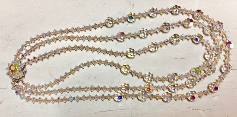 Wedding Kathryne L Wright Prom Graduated Clear AB 3 Strand Faceted Crystal Bead Necklace With Beaded Clasp By Me Vintage Up Cycled