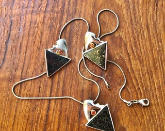 Vintage Sterling Silver Garnet & Fossilized Dinosaur Bone Earrings Pendant Set