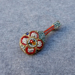 Vintage Italian Micromosaic Mandolin Brooch: Floral Guitar Pin