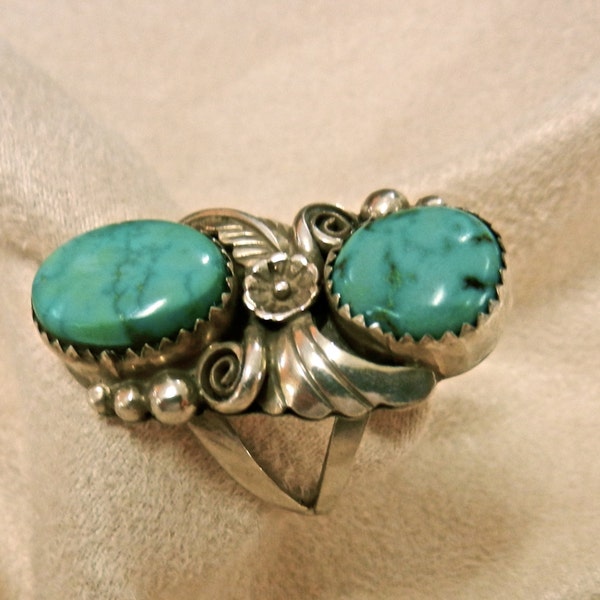 OOAK Vintage Hand Made Native American Navajo Sterling Silver Bright Aqua Blue Two Stone Turquoise Ring Signed Y B Size 8 1/2- 9