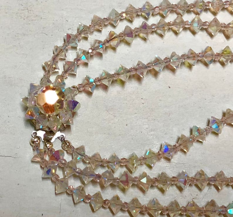 Wedding Kathryne L Wright Prom Graduated Clear AB 3 Strand Faceted Crystal Bead Necklace With Beaded Clasp By Me Vintage Up Cycled