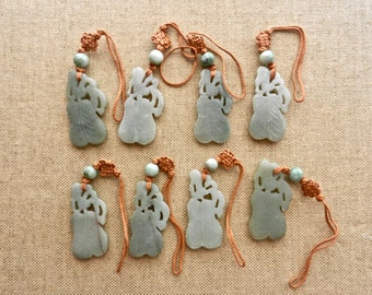 Vintage Hand Carved Jade Gourd Pendant: Lucky Leaf Charm with Silk Cord