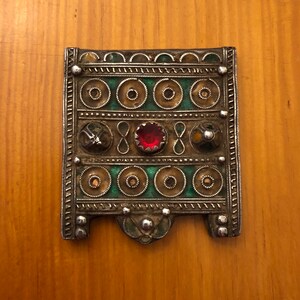 Early 1900&#39;s Vintage Moroccan Berber Woman&#39;s Enameled Silver Hirz Amulet, Pendant, Focal Point, Bead
