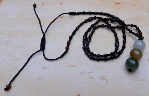 Vintage Macrame Necklace: Agate & Jade Beads, Adj… - image 4