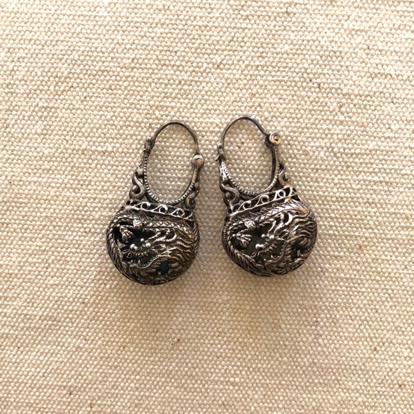 Vintage, Ornate, Asian Style, Open Work, Sterling Silver, Dragon & Phoenix Boho, Gypsy, Puffed Hoop Dangle Earrings With Hinged Wires