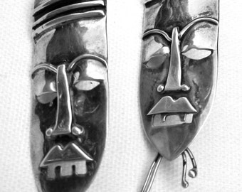 OOAK Vintage Hand Made Sterling Silver Masks Earrings Signed "925 Sue Brown"