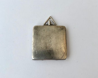 Vintage F & B Sterling Silver Square Locket With Finely Grooved Front, Triangular Bail With Spring Pin Opener With Engraved Initials MJP