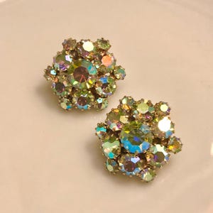 Vintage, Signed And Highly Collectible, WEISS, Gold Tone, Translucent Pale Green, Faceted, Aurora Borealis Rhinestone Clip On Earrings