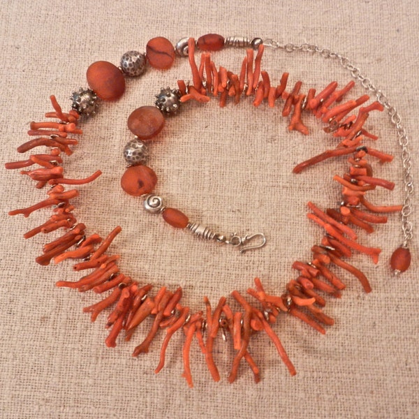 SALE Vintage Italian Fringe Coral, Sterling Silver And Carnelian Necklace By Kathryne L. Wright