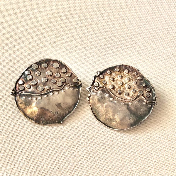 Vintage Sterling Silver Disk Earrings: Handmade Granulated Statement Studs