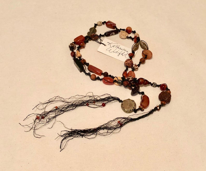 OOAK Hand Knotted Waxed Black Linen Lariat Necklace With Semi Etsy