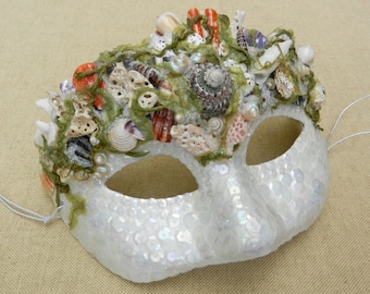 Sale OOAK"Neptune's Daughters" Mermaid "Sea Star" Paper Mache Masquerade Mask With Sequins, Shells, Seaweed And Glass By Kathryne L. Wright
