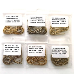 May include: Six small plastic bags of gold-coloured bullion. Each bag has a white label with black text detailing the type, size, and finish. The bullion is coiled, ready for use. Measurements are given in inches.