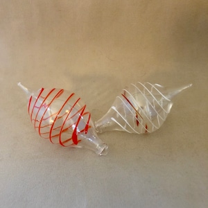 Vintage, Hand Blown, Murano Glass, Pointed Teardrop Suncatcher, Holiday Ornaments, In Clear With Red Swirl And Clear With Red & White Swirl