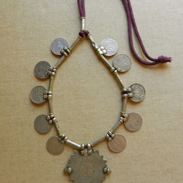 Vintage Adjustable Tribal Silver Kuchi Banjara Gypsy Belly Dance Necklace With Old Coins, Silver Tube Beads And A Central Stamped Pendant