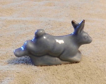 SALE Collectable, Antique, Circa 1900, Chinese, 3 & 1/8", Blue Glazed, White Ceramic, Mold Formed, Hollow Leaping Rabbit/Hare/Bunny Figurine