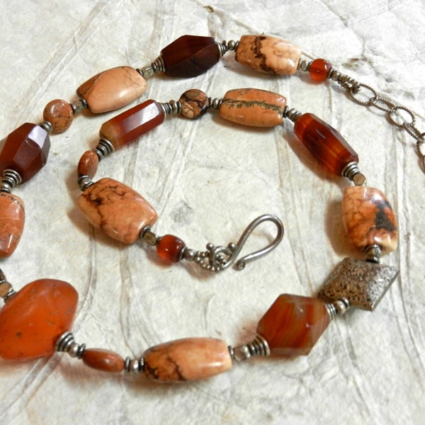Antique Idar Oberstein Red Carnelian Agate Facetted Beads With Sterling Silver And Magnesite