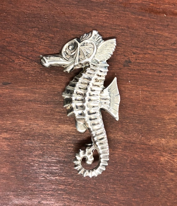 SALE, A Vintage, 2 9/16 Inch Tall, Finely Detailed, Solid Sterling Silver,  Mythical Poseidon's Steed, Seahorse, Hippocampus Fish, Pin/brooch 