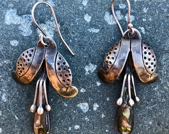 OOAK, Artisan Made, Mid Century, Sterling Silver, Flower Dangle Earrings With Petals, Stamens & Bezel Set Abalone Shell On French Wires