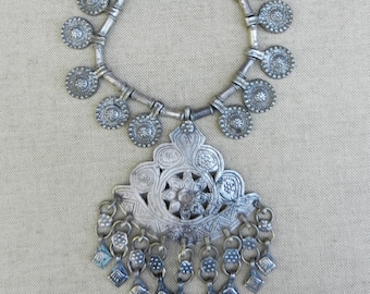 Vintage Kuchi Banjara Necklace: Tribal Silver Medallions & Dangles