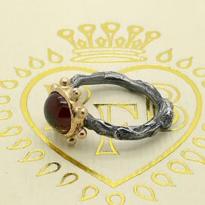 Red Garnet gold and silver rococo ring naturalistic hand made.