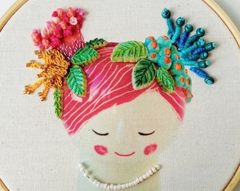 Ceramic Embroidery - Flora Vase - Wall art, Floral Embroidery, Girl Embroidery, Red Hair, Tropical Flowers, Peace and Calmness
