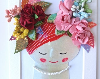 Paper Diorama made from Ceramic Picture -  3D Wall art, Floral, Paper Flowers, Paper Craft, Head shot, framed piece, Floral princess