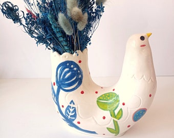 Paloma Ceramic Vase - Dove Vase - Blue and Green Flowers  - Ceramics, one of a kind vase, statement piece